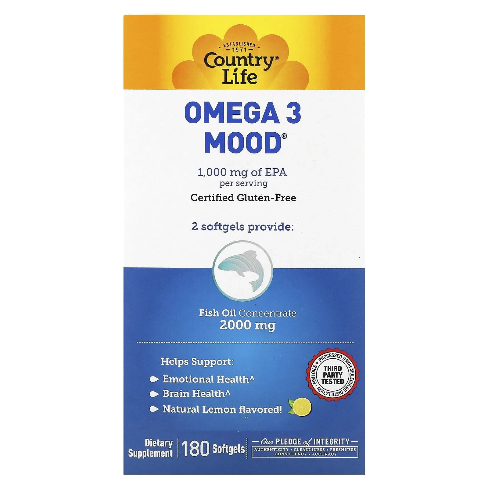 Кантри Лайф, Omega 3 Mood, с натуральным вкусом лимона, 180 мягких желатиновых капсул