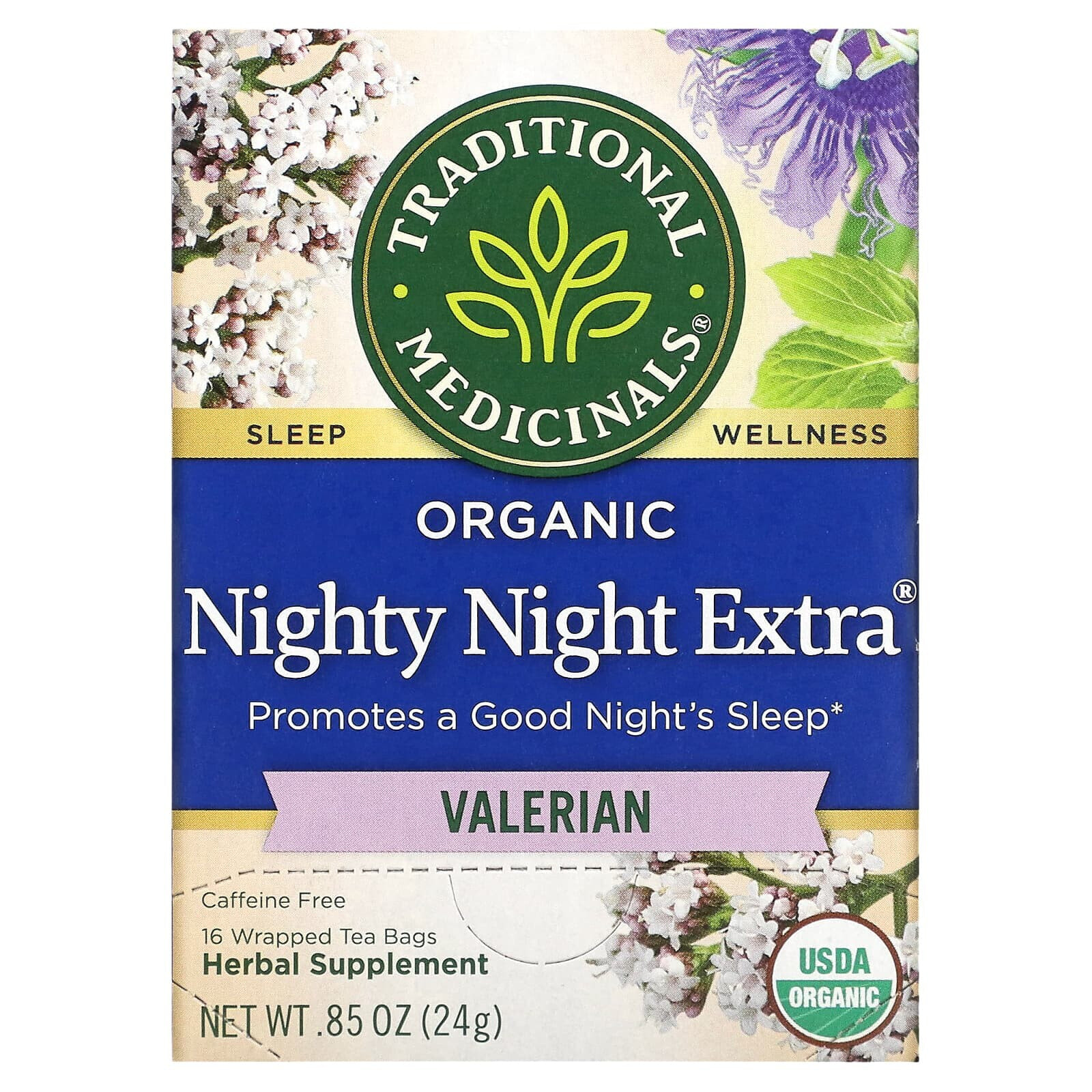 Organic Nighty Night, Chamomile & Passionflower, Caffeine Free, 16 Wrapped Tea Bags, 0.85 oz (24 g)