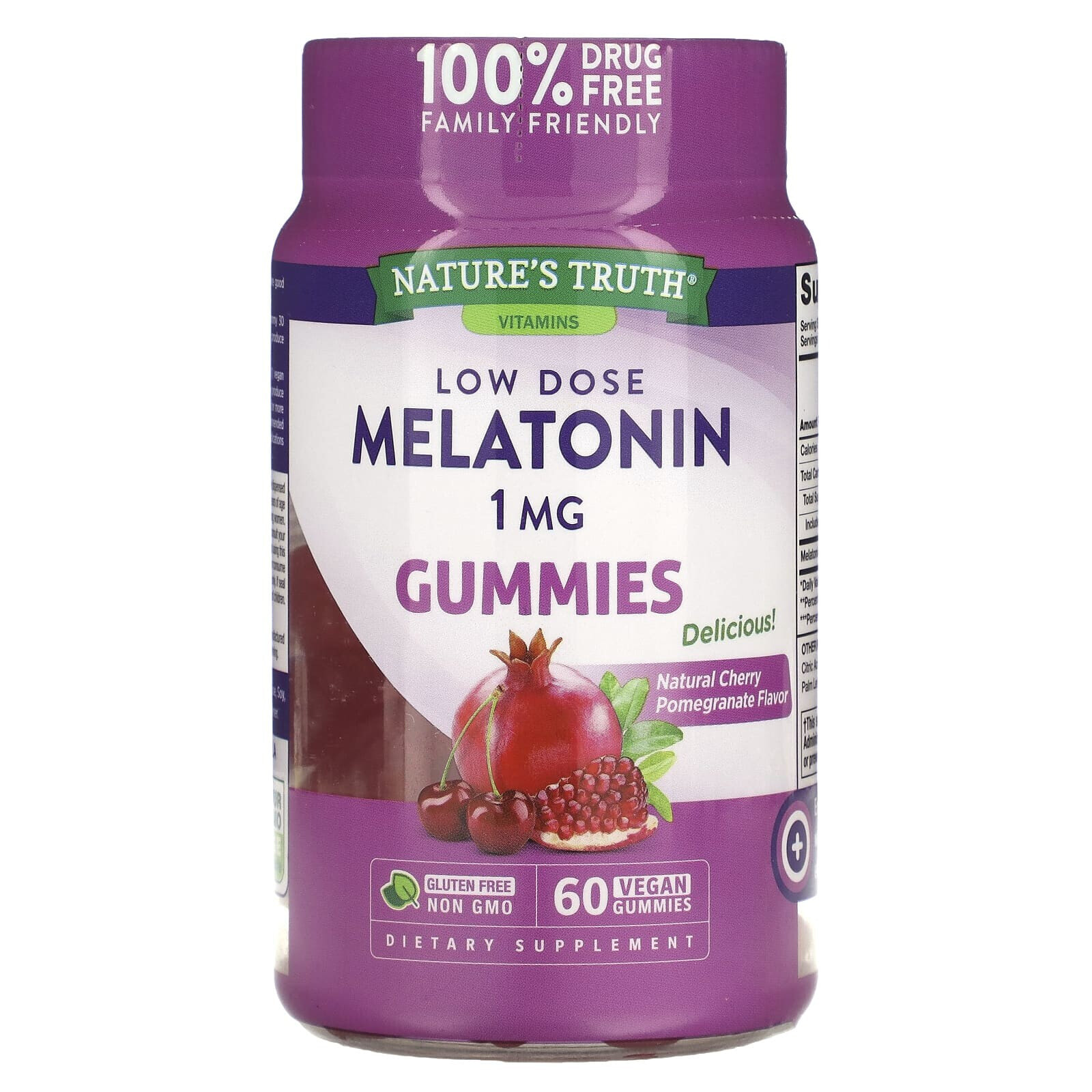 Low Dose Melatonin, Natural Cherry Pomegranate, 1 mg, 60 Vegan Gummies