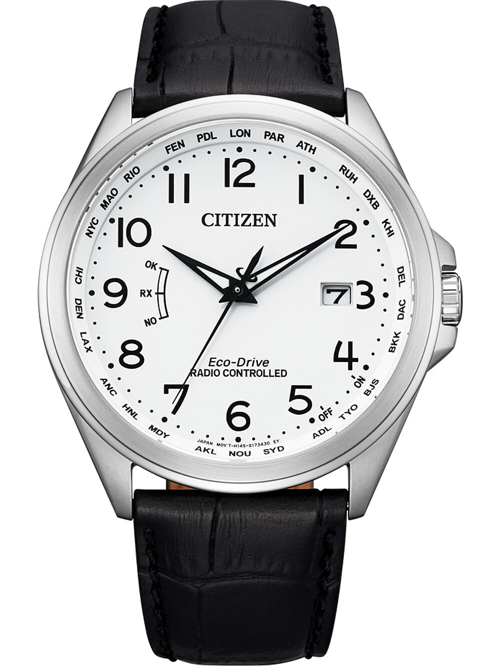 Мужские наручные часы с черным кожаным ремешком Citizen CB0250-17A Eco-Drive radio controlled 43mm 10ATM