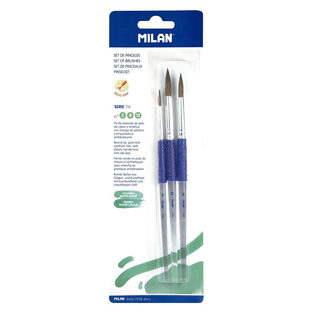 MILAN Blister Pack 3 Round Brushes Goat & Synthetic Hair Ergo Plastic Handle 116 Series Nº 2 8 And 12