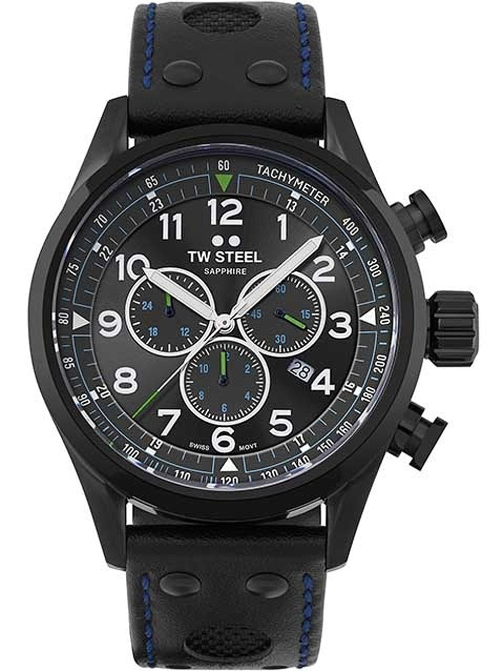 Мужские наручные часы с черным кожаным ремешком TW-Steel SVS306 Volante chronograph Petter Solberg 48mm 10ATM