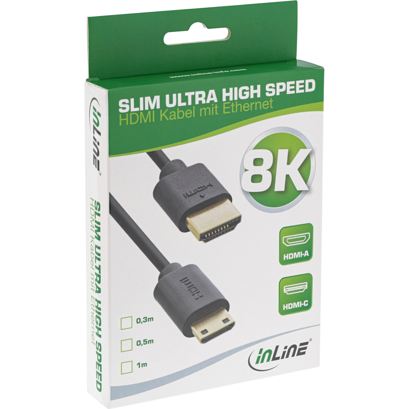 InLine Slim Ultra High Speed HDMI Cable AM/CM 8K4K gold plated black 0.5m - 0.5 m - HDMI Type A (Standard) - HDMI Type C (Mini) - 3D - 48 Gbit/s - Black