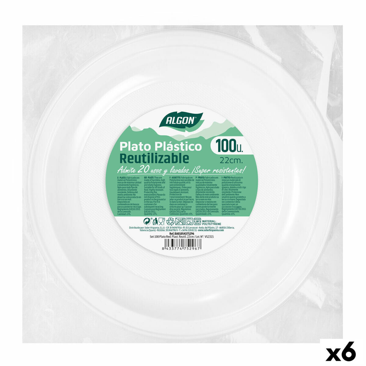 Набор многоразовых тарелок Algon Круглый Белый Пластик 22 x 22 x 1,5 cm (6 штук)