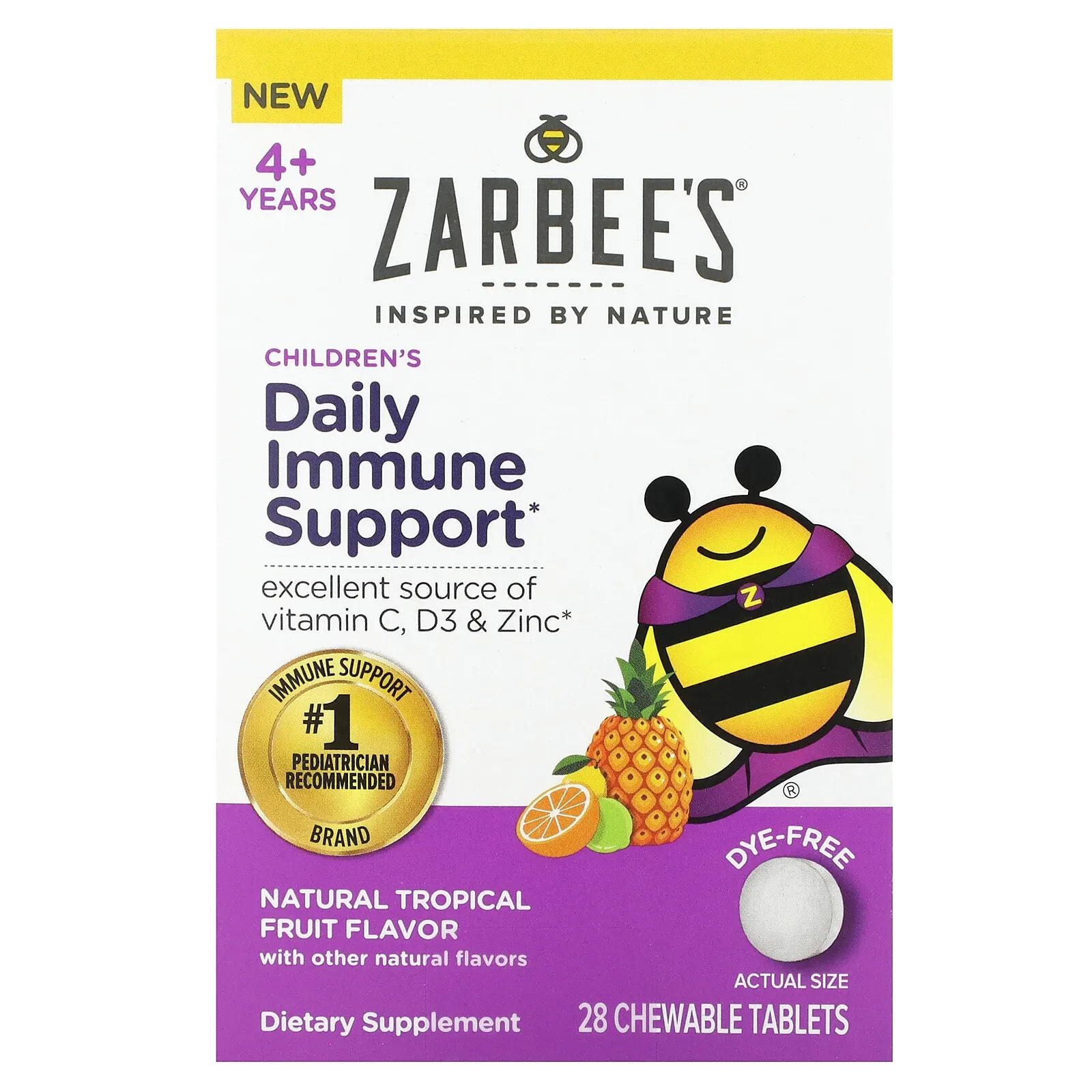 Zarbee's, Children's Daily Immune Support, 4+ Years, Natural Tropical Fruit, 28 Chewable Tablets