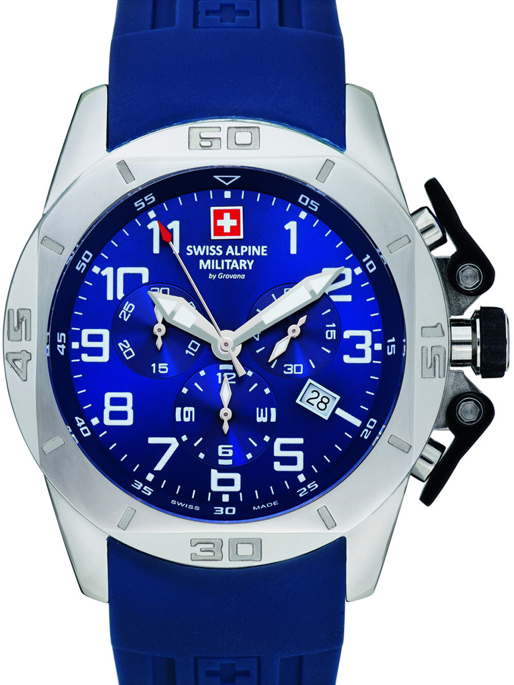 Мужские наручные часы с синим силиконовым ремешком Swiss Alpine Military 7063.9835 chrono 45mm 10ATM