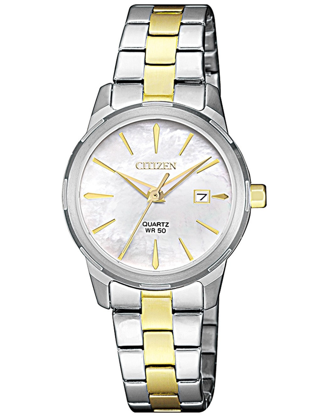 Женские наручные кварцевые часы Citizen циферблат перламутровый белый.  Браслет стальной с частичным IP покрытием.