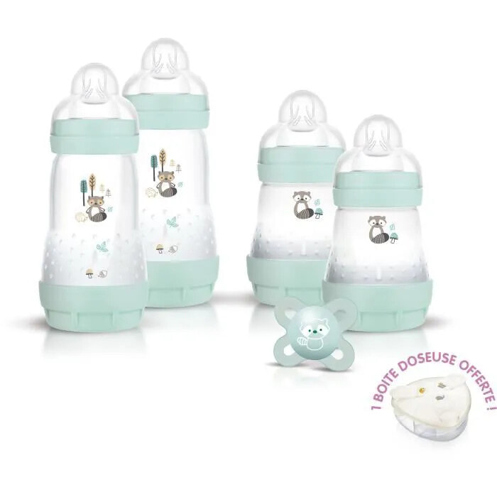 Бутылочка или ниблер для малышей MAM Nature Birth Box - Aqua - 4 Babyflaschen + 1 Schnuller + 1 Dosierbox