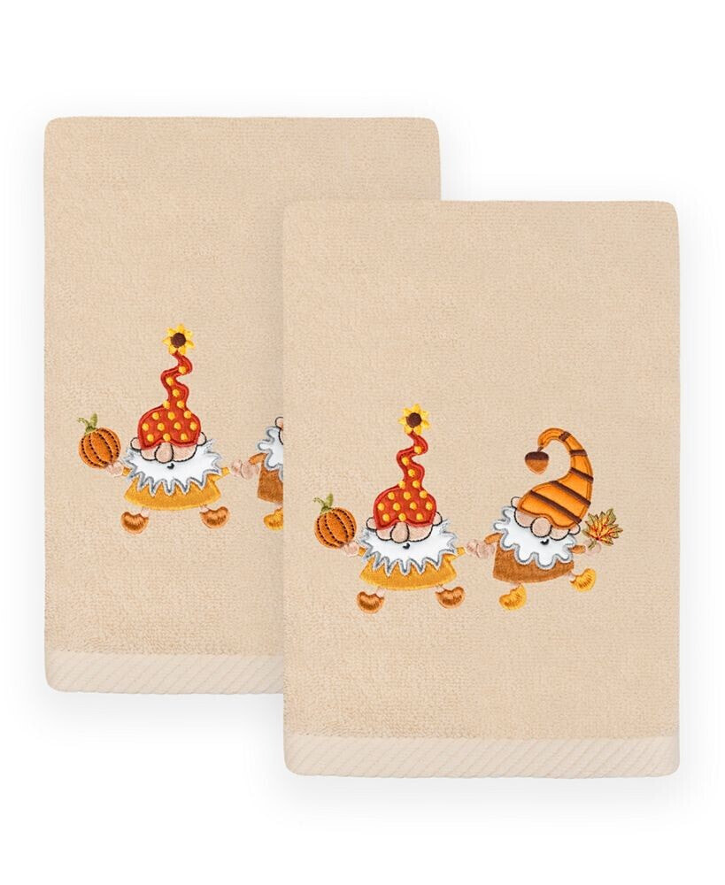 Linum Home textiles Autumn Gnomes Embroidered Luxury 100% Turkish Cotton Hand Towels Set, 2 Piece