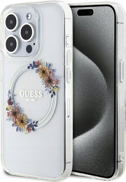 Guess Oryginalne Etui GUESS Hardcase GUHMP15LHFWFCT do iPhone 15 Pro (Kompatybilny z Magsafe / Flowers Wreath / transparent)