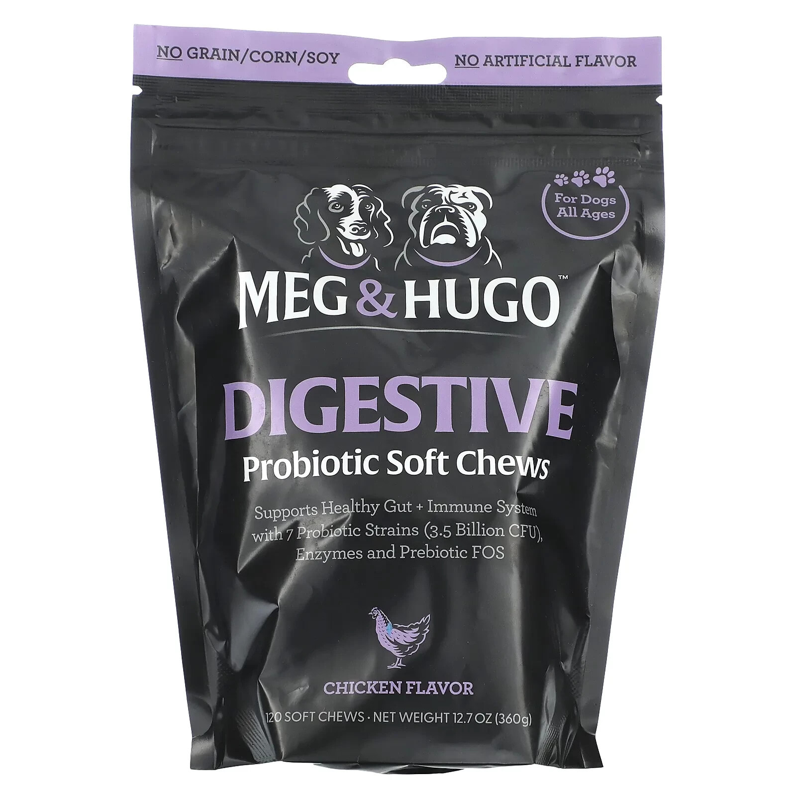 Meg & Hugo, Digestive, мягкие жевательные таблетки с пробиотиками, для собак, для всех возрастов, с курицей, 120 жевательных таблеток, 360 г (12,7 унции)