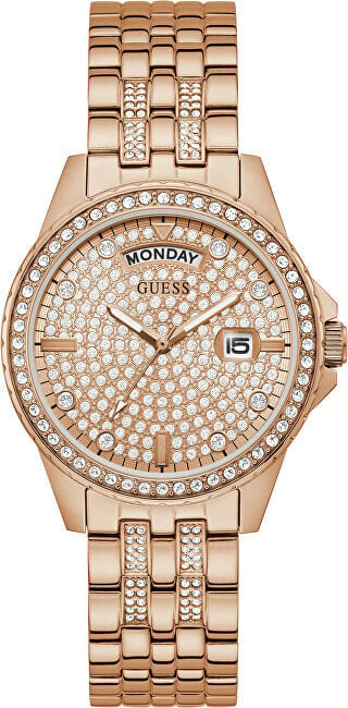 Женские часы аналоговые со стразами на циферблате розовое-золото Guess