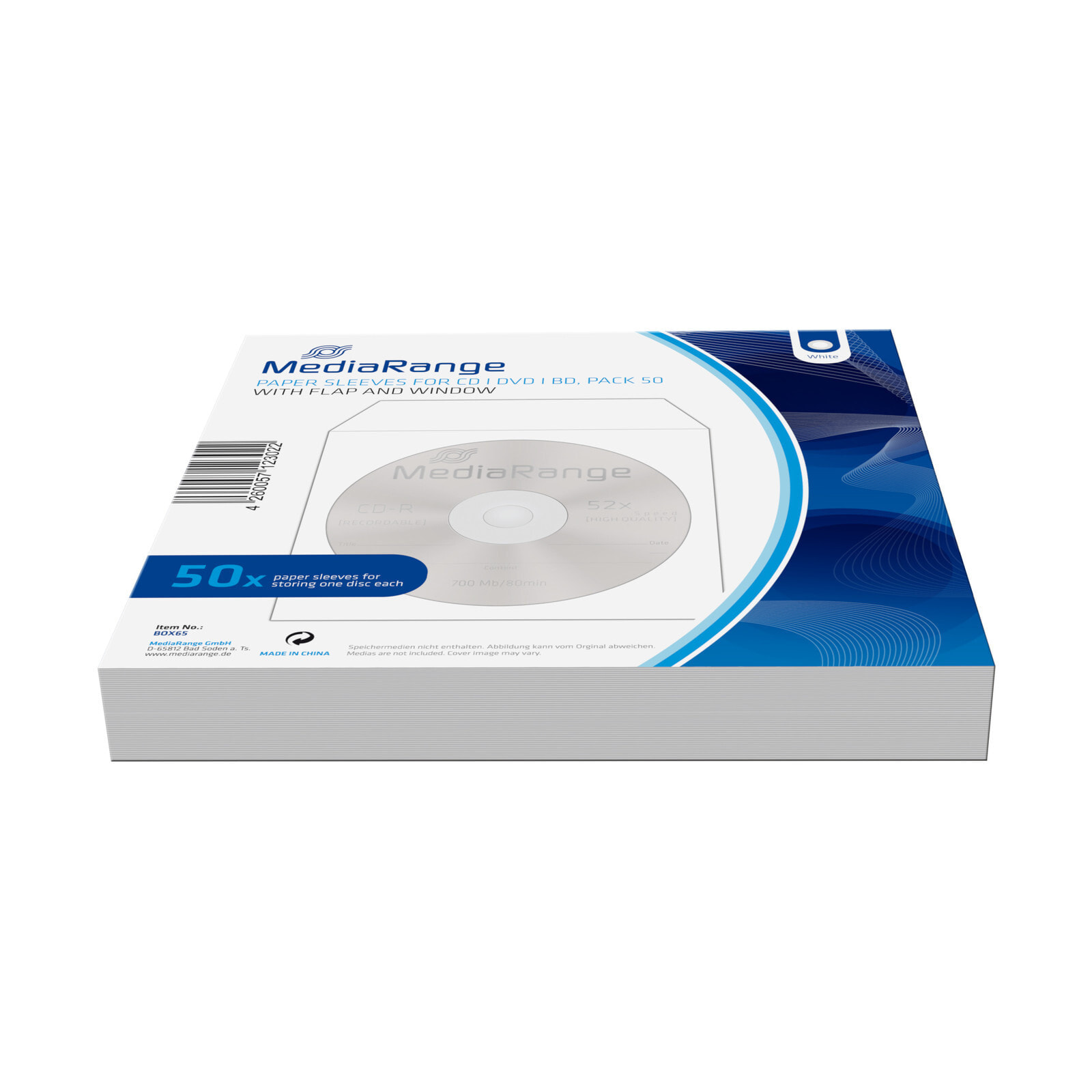 MediaRange BOX65 чехлы для оптических дисков чехол-конверт 1 диск (ов) Белый