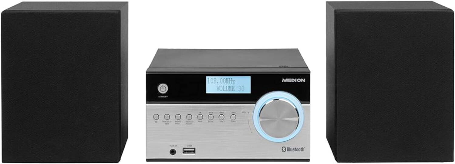MEDION P64187 Micro Audio System Compact System (DAB+, PLL FM Radio, Bluetooth, USB Port, AUX, 2 x 50 W) Silver