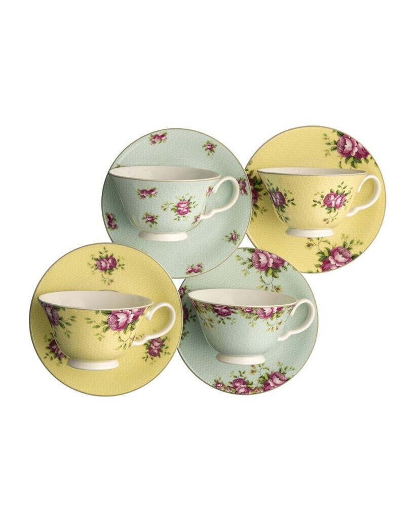 Archive Rose Teacups and Saucers, Set of 4