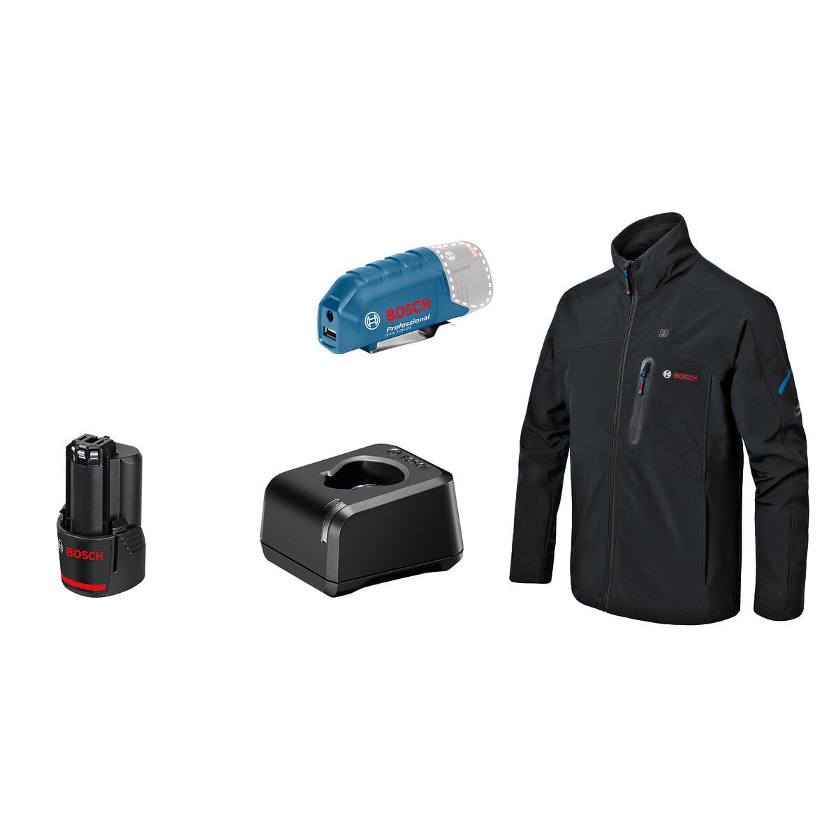 Bosch Beheizbare Jacke GHJ 12+18V XA, Größe 3XL mit Akkuadapter, Akku + Lader