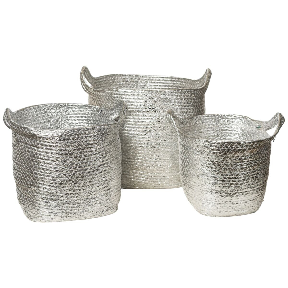 Set of Baskets Romimex Silver Natural Fibre 43 x 43 x 43 cm 3 Pieces