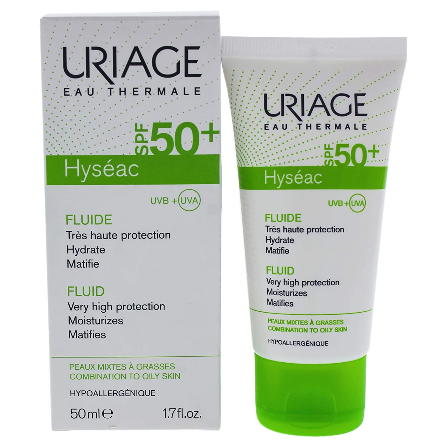 Uriage Hyseac Fluide SPF50+ Гипоаллергенный увлажняющий и матирующий флюид с солнцезащитным фактором, для комбинированной и жирной кожи 50 мл