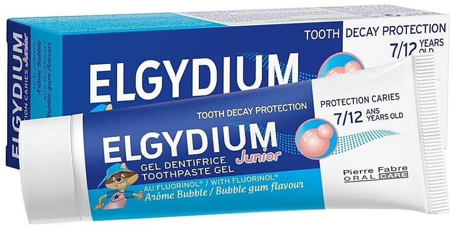 Kinderzahnpasta-Gel 7-12 Jahre mit Kaugummigeschmack - Elgydium Toothpaste Gel Junior Decay Protection 7/12 Years Old Bubble Aroma