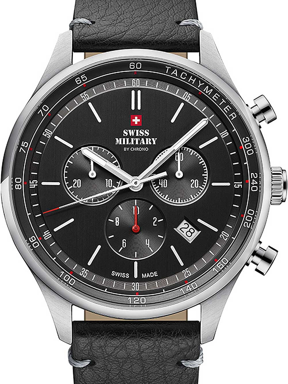 Мужские наручные часы с черным кожаным ремешком  Swiss Military SM34081.06 chrono 42mm 10ATM