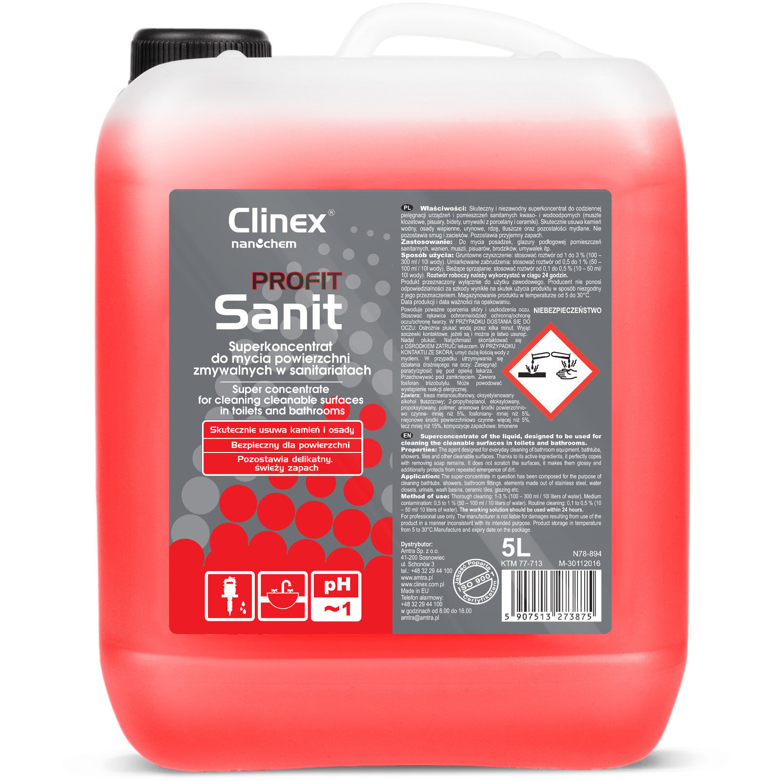 CLINEX PROFIT Sanit 5L strong concentrate for cleaning toilets, tiles, bathtubs, urinals, washbasins.