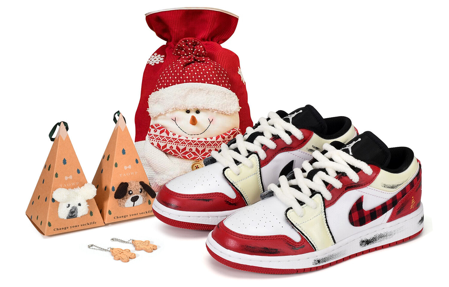 【定制球鞋】 Jordan Air Jordan 1 Low Bred Toe 圣诞节 圣诞格纹 低帮 复古篮球鞋 男款 红白 / Кроссовки Jordan Air Jordan 553558-612