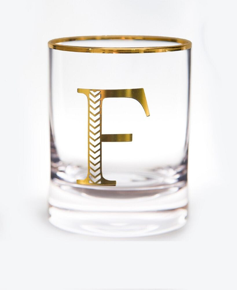 Qualia Glass monogram Rim and Letter F Double Old Fashioned Glasses, Set Of 4