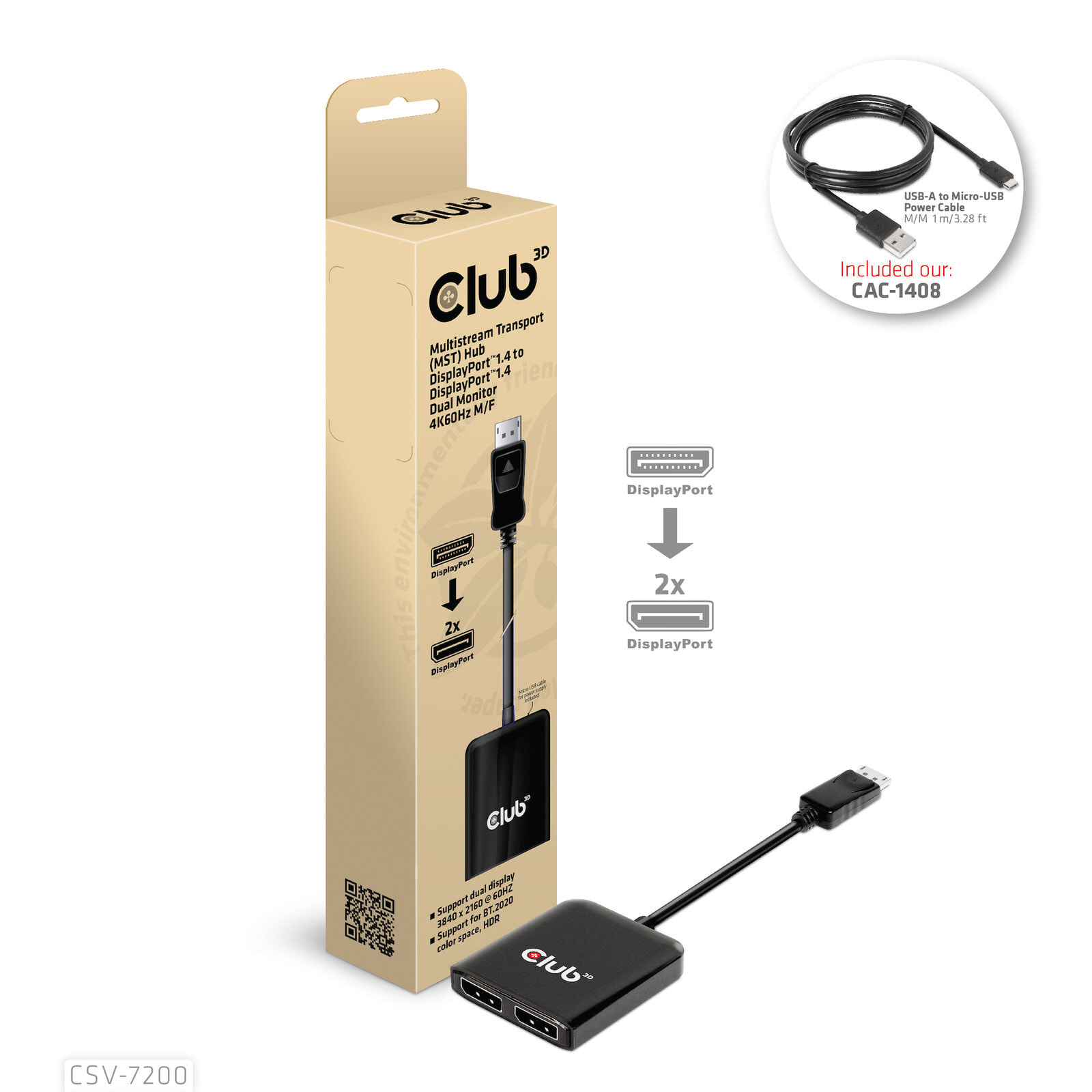 CLUB3D CSV-7200 видео разветвитель DisplayPort 2x DisplayPort