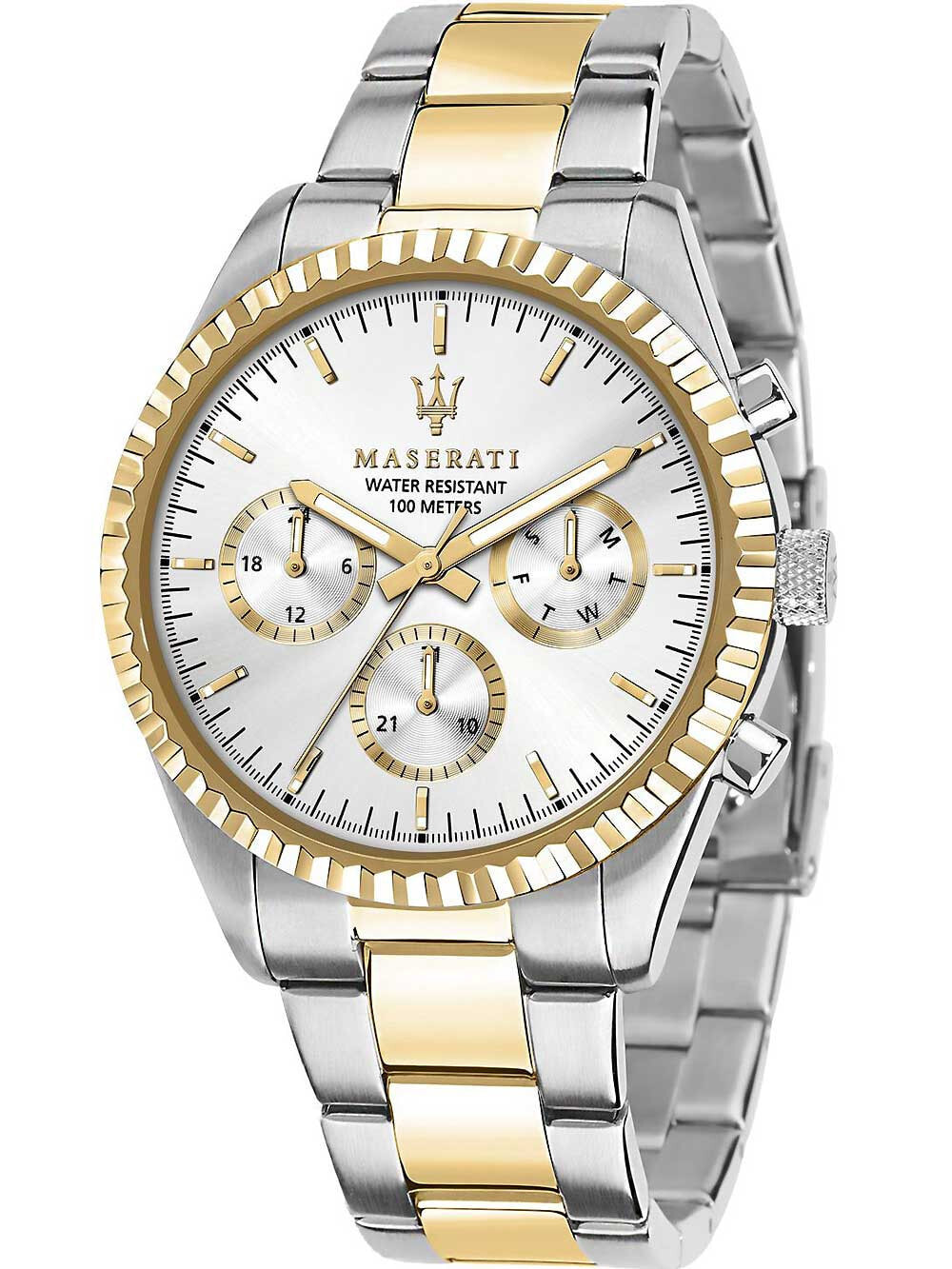 Мужские наручные часы с серебряным золотым браслетом Maserati R8853100021 Competizione mens watch 43mm 10ATM