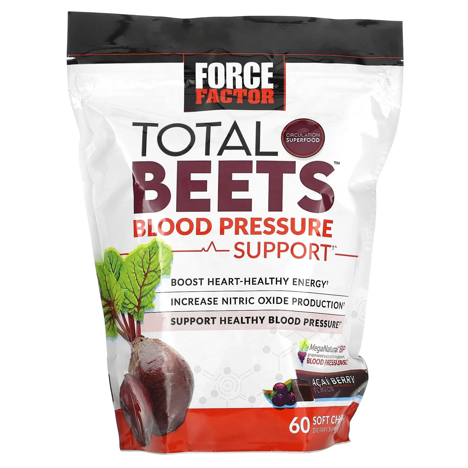 Force Factor, Total Beets, поддержка артериального давления, ягоды асаи, 60 жевательных таблеток