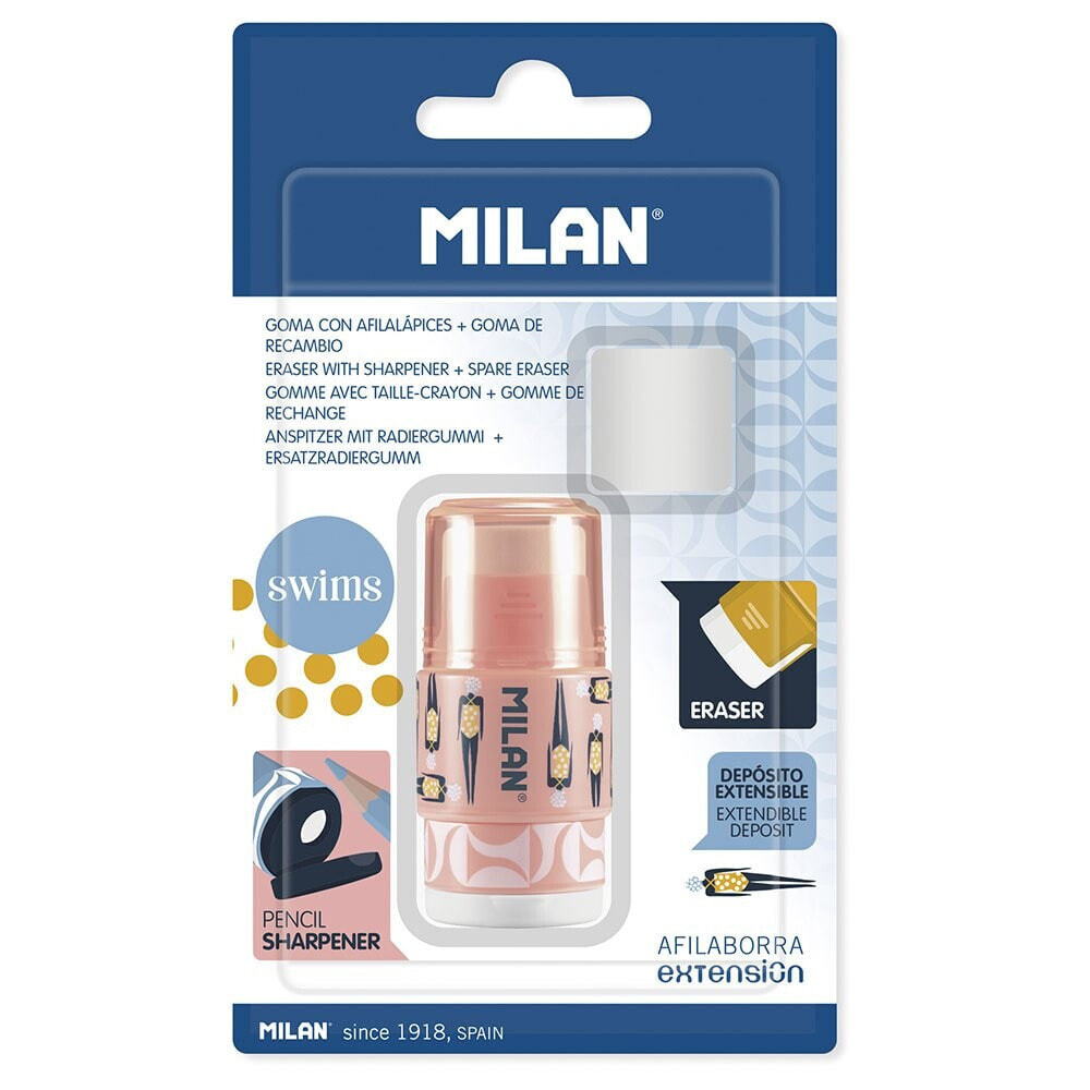 MILAN Blister Pack Eraser With Pencil Sharpener Extension Swims+1 Spare Eraser