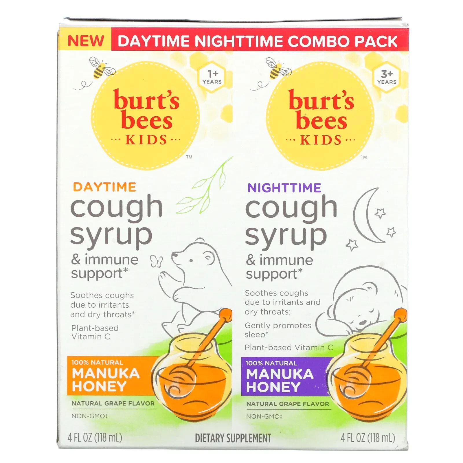 Kids, Daytime/Nighttime Cough Syrup & Immune Support, Combo Pack, Natural Grape, 2 Pack, 4 fl oz (118 ml) Each