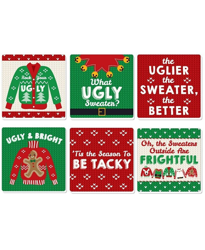 Big Dot of Happiness ugly Sweater - Funny Holiday & Christmas Party Decor Drink Coasters - Set of 6