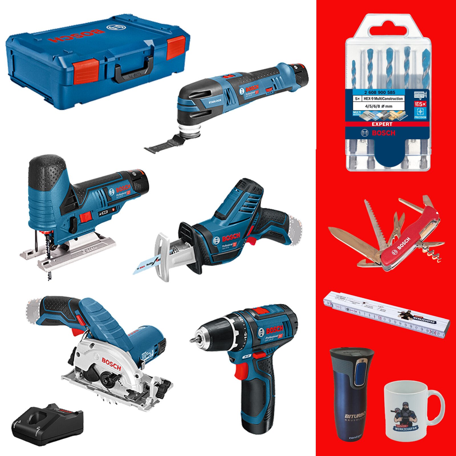 Bosch 5er Werkzeug-Set 12V in XL-BOXX + Expert-Bohrer-Set + Thermobecher + GT-Zollstock + GT-Tasse + Pocket Knife T2/18