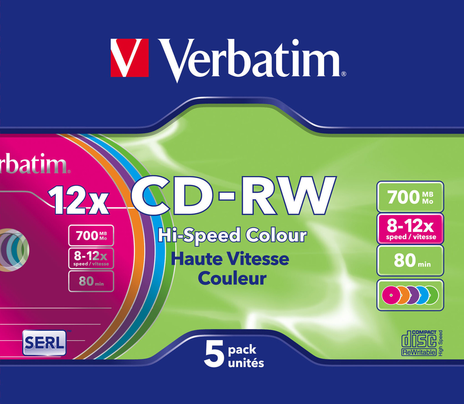 Verbatim CD-RW Colour 12x 700 MB 5 шт 43167