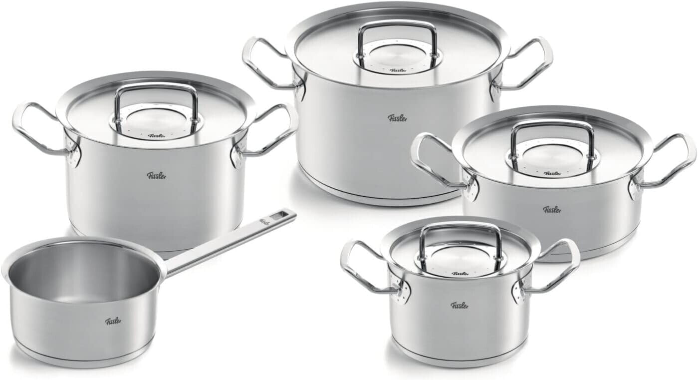 Fissler Original Profi Collection Stainless Steel Saucepan Set, 5 Pieces, Pots with Metal Lids (3 Saucepans, 1 Stewing Pan and 1 Saucepan Lidless) - Induction