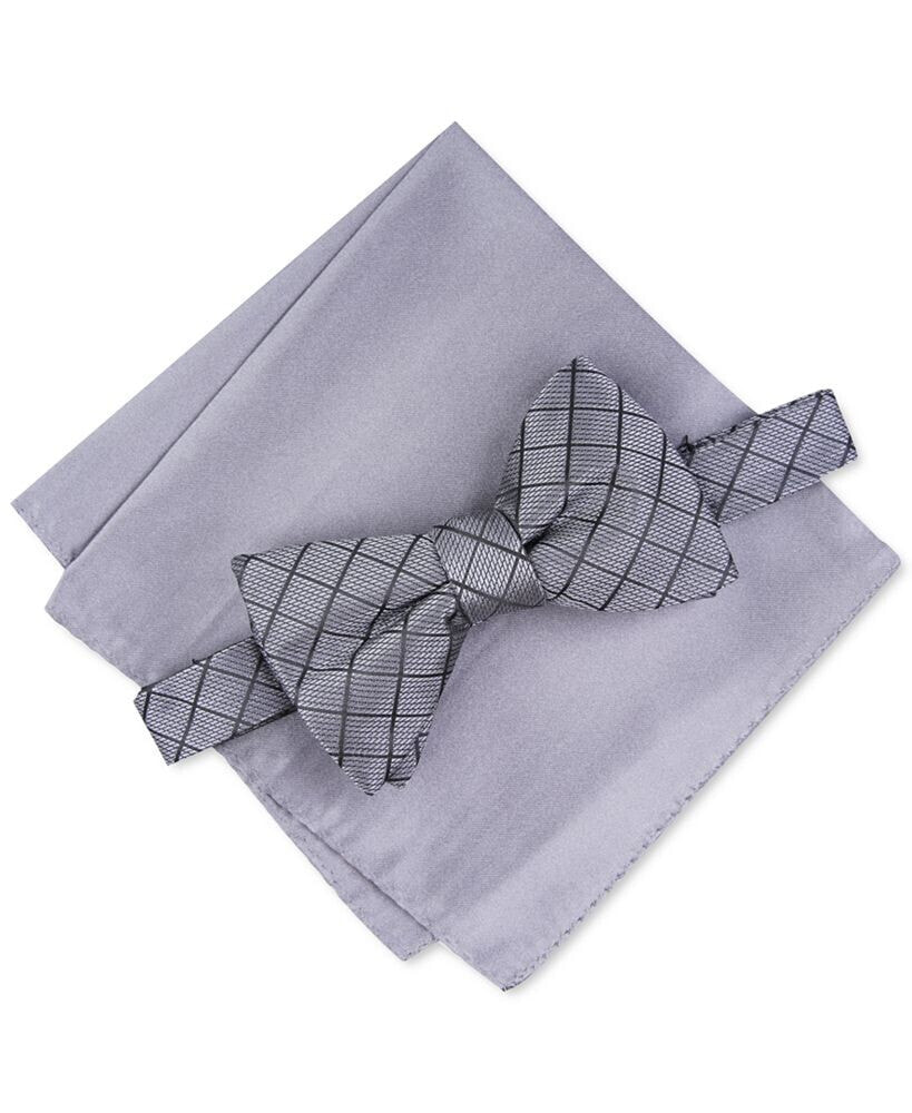 Men's Grid Pre-Tied Bow Tie & Solid Pocket Square Set, Created for Macy's