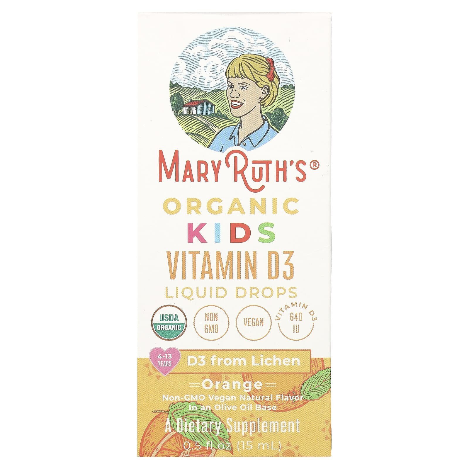 Organic Kids Vitamin D3 Liquid Drops, 4-13 Years, Orange, 640 U, 0.5 fl oz (15 ml)