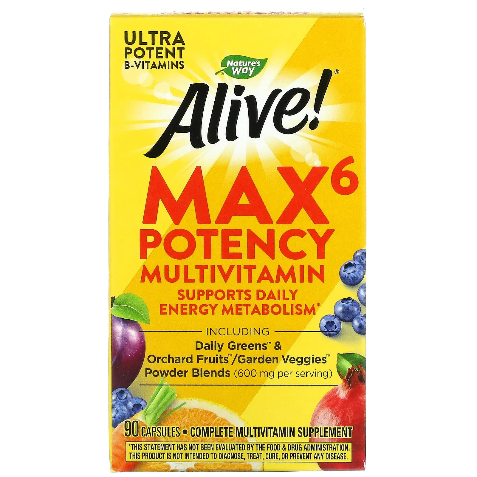 Natures Way Alive! Max 6 Potency Multivitamin Мультивитаминный комплекс для улучшения метаболизма, энергии и бодрости 90 веганских капсул