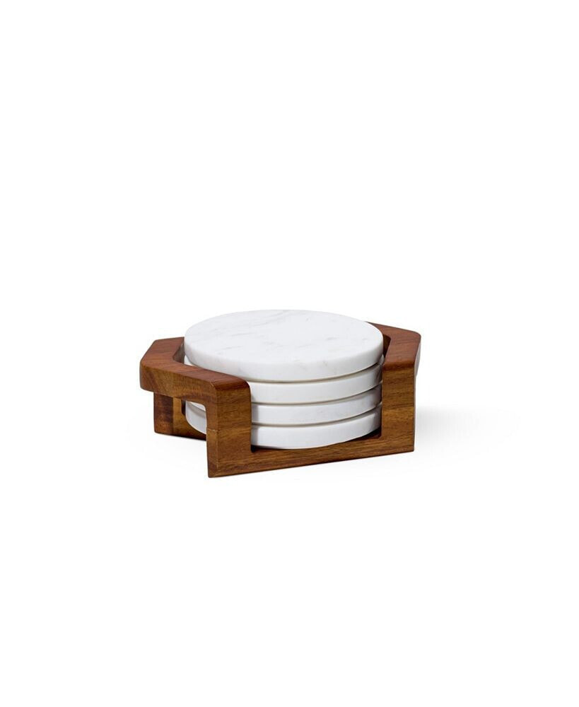 Nambé chevron Coaster Set with Holder in Acacia Wood and Marble