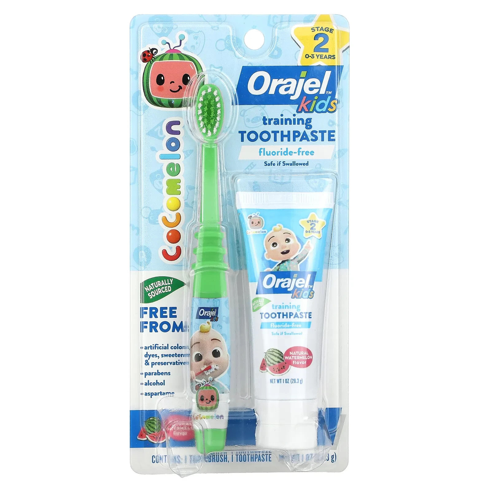 Orajel, Kids, Cocomelon Training, зубная паста с зубной щеткой, без фтора, для детей от 0 до 3 лет, арбуз, набор из 2 предметов, 28,3 г (1 унция)