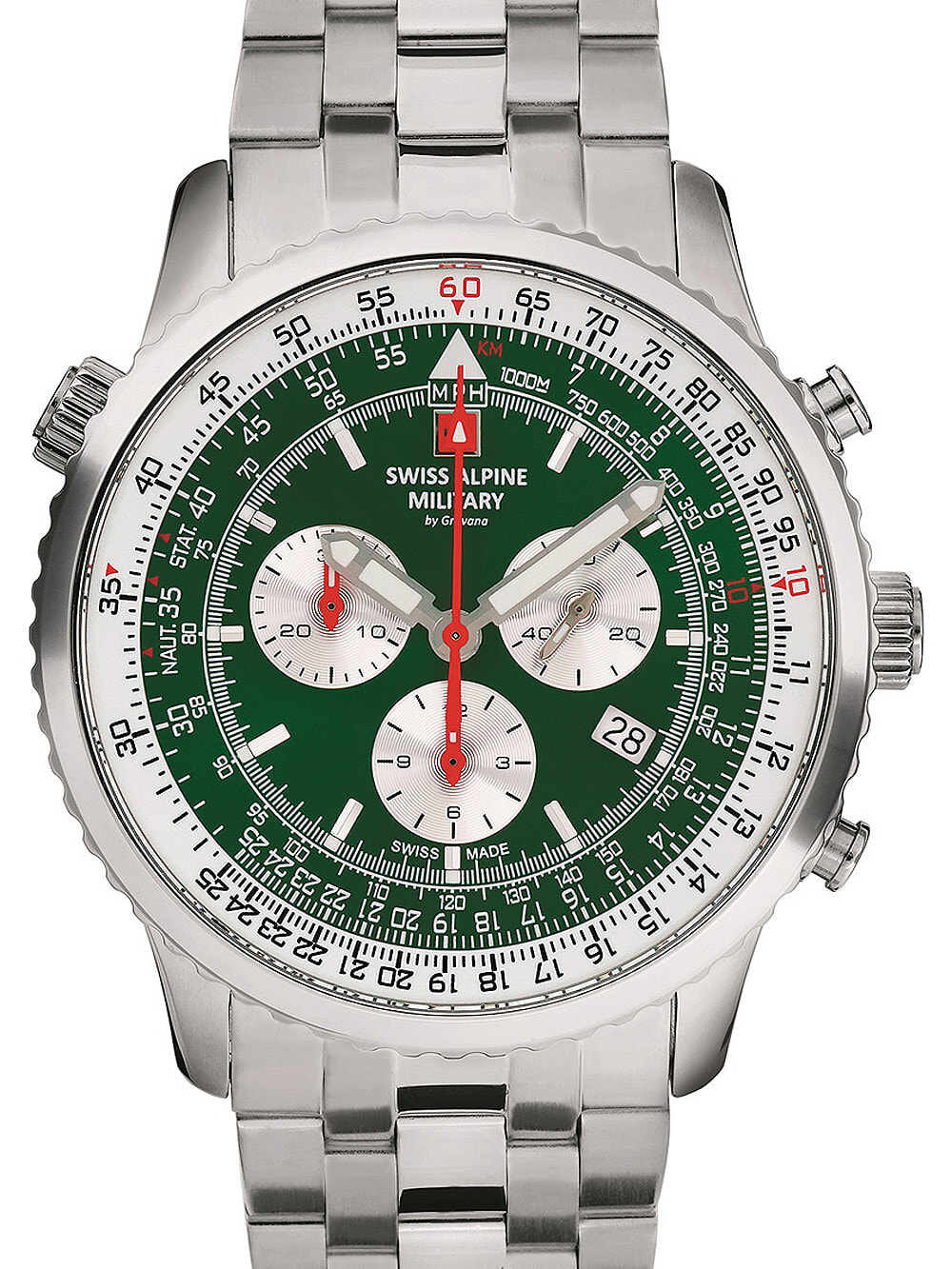 Мужские наручные часы с серебряным браслетом Swiss Alpine Military 7078.9134 chrono mens 45mm 10ATM