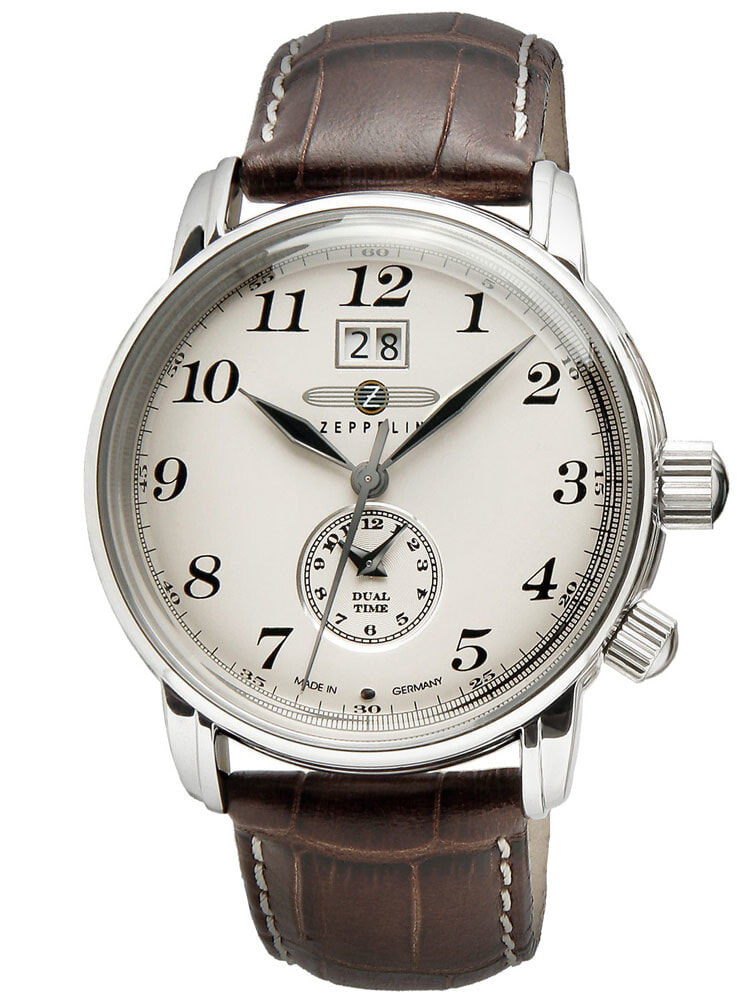 Мужские наручные часы с коричневым кожаным ремешком   Zeppelin LZ127 7644-5 Mens Watch Dual-Time Brown Silver 42 mm