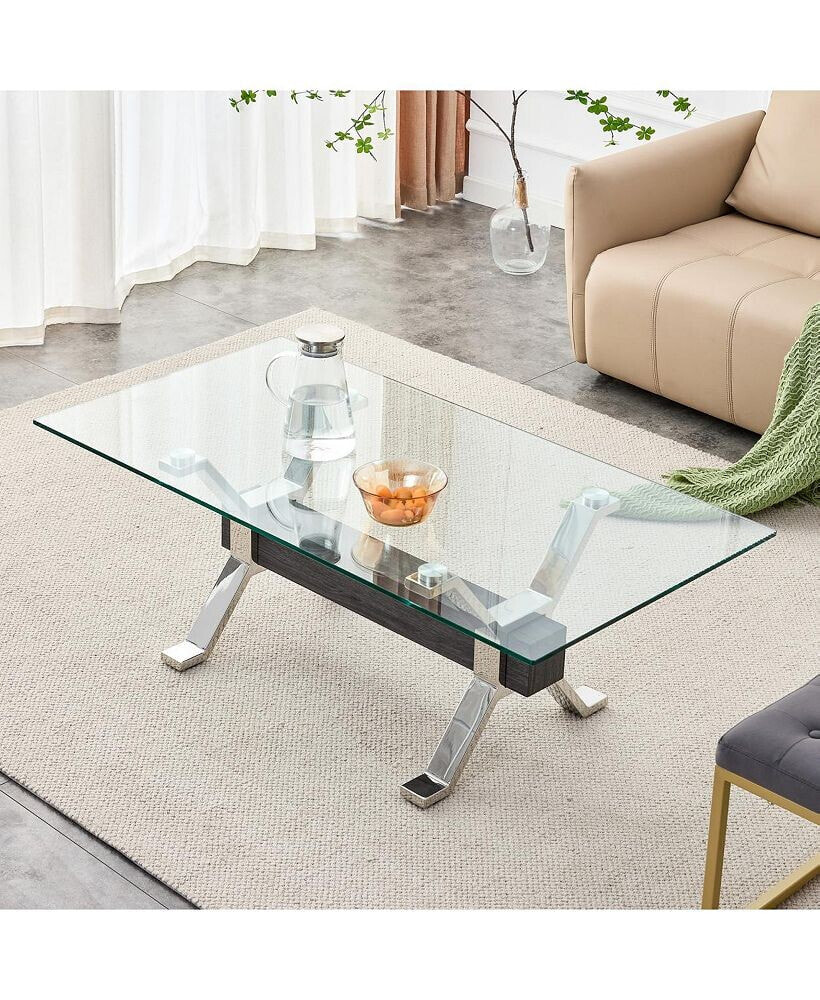 Simplie Fun tea Table Dining Table Contemporary Tempered Glass Coffee Table with Plating Metal Legs and M