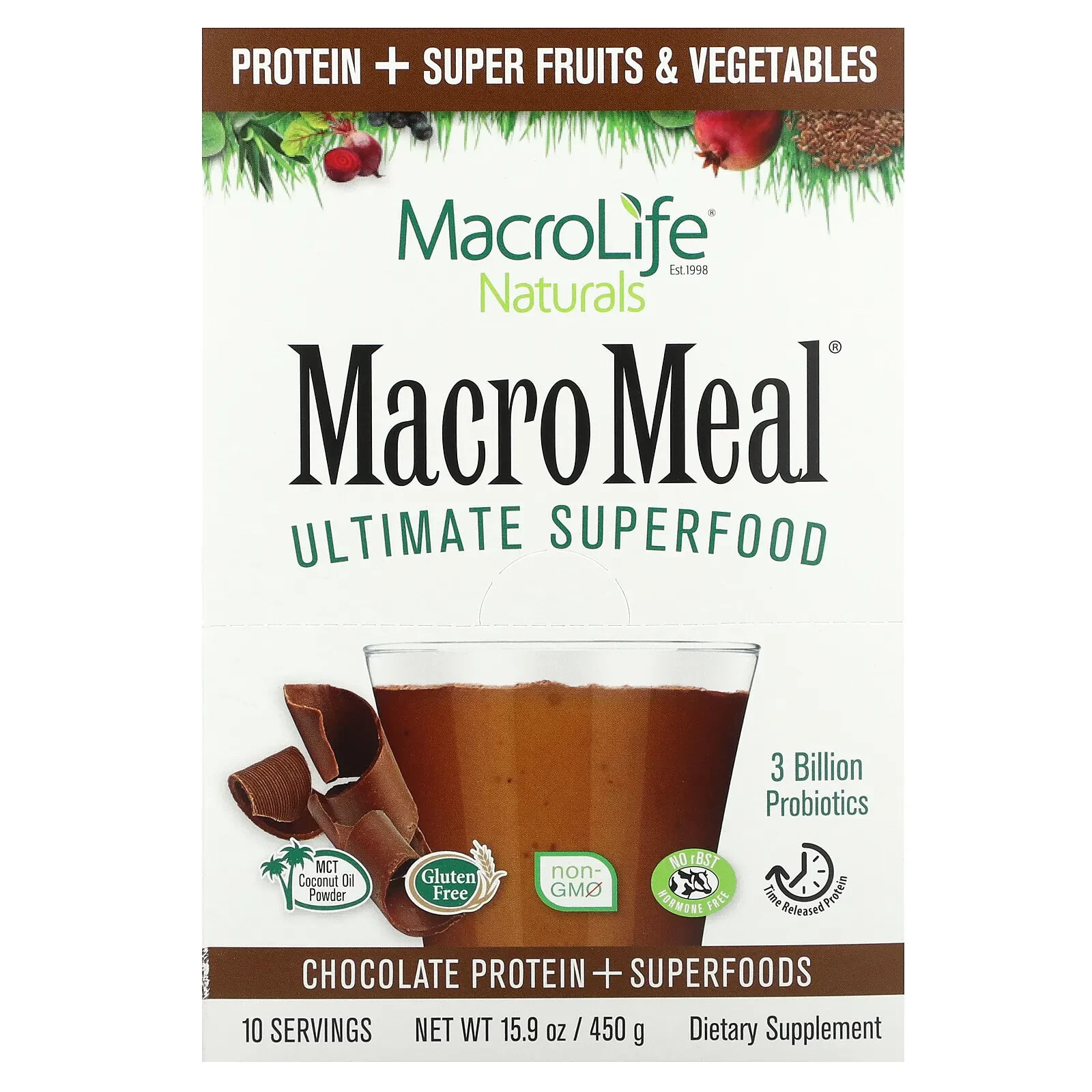 Макролайф Натуралс, Macro Meal Ultimate Superfood, шоколадный протеин + суперпища, 10 пакетов, 15.9 унц.(450 г.) (Товар снят с продажи) 