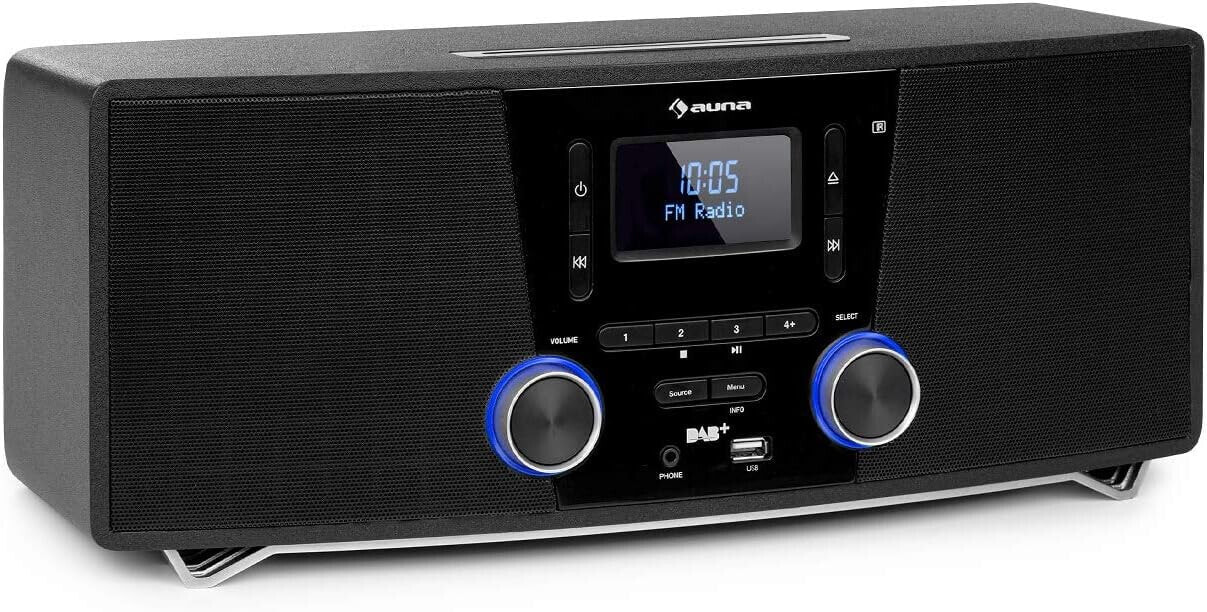 auna Stockton Micro Stereo System - 20 W Max. (2 x 5 W RMS), DAB+, FM Radio Tuner, RDS Function, CD Player, Bluetooth, USB Port, AUX-IN, OLED Display, X-Bass, EQ, Timer, Alarm Function, Black