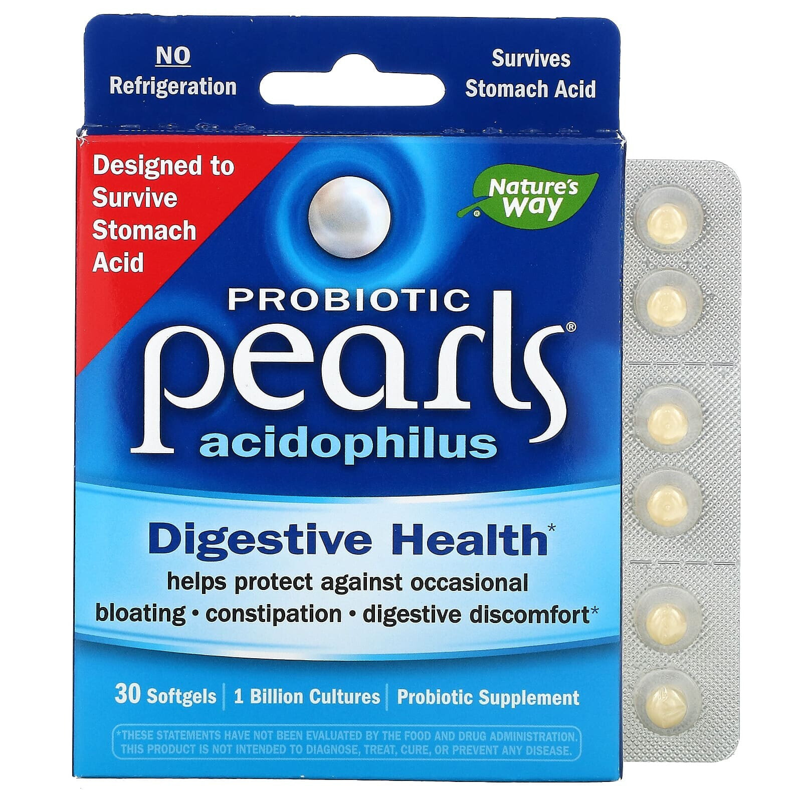 Натурес Вэй, Пробиотик ацидофильный жемчуг, 1 миллиард, 30 мягких таблеток