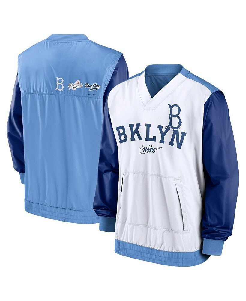 Nike men's White, Light Blue Los Angeles Dodgers Rewind Warmup V-Neck Pullover Jacket