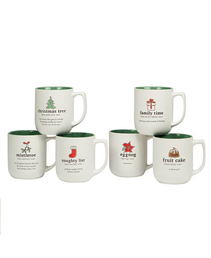 Certified International christmas Fun Green Sayings 16 oz Mugs Set of 6, Service for 6