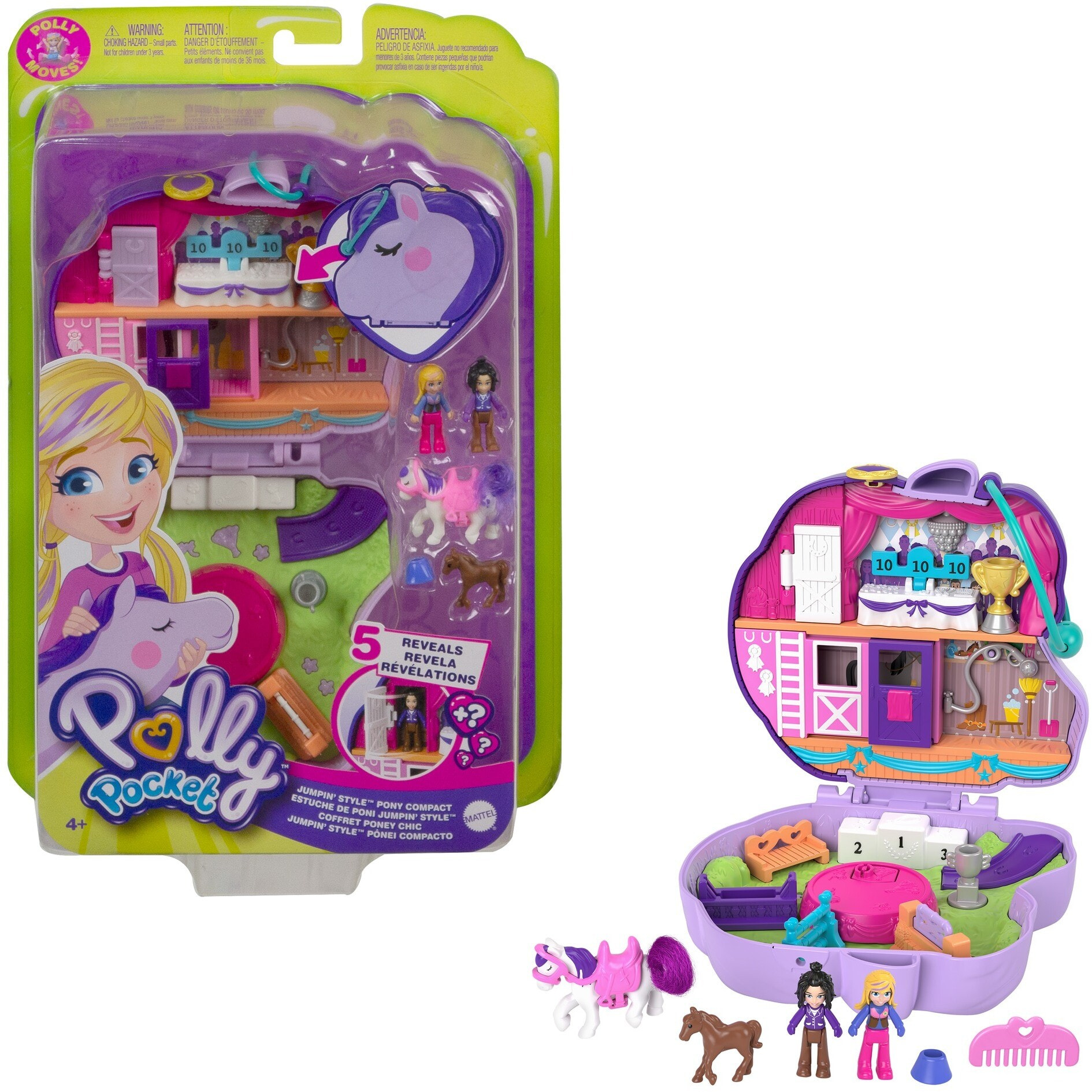 Детский игровой набор и фигурка из дерева Polly Pocket Jumpin’ Style Pony Compact with Horse Show Theme, Micro Polly Doll & Friend, 2 Horse Figures (1 with Saddle & Tail Hair), Fun Features & Surprise Reveals, Great Gift for Ages 4 & Up